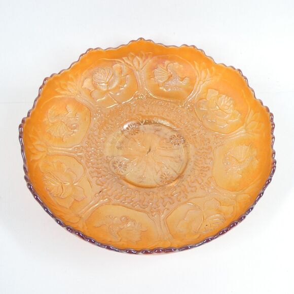 Fenton Dragon & Lotus Marigold Carnival Glass 8" Ice Cream Bowl Ruffled Edge Vtg - Picture 1 of 7